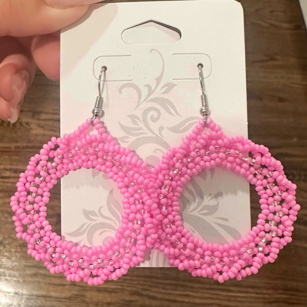 Bubblegum Pink Beaded Earrings with Curved Design